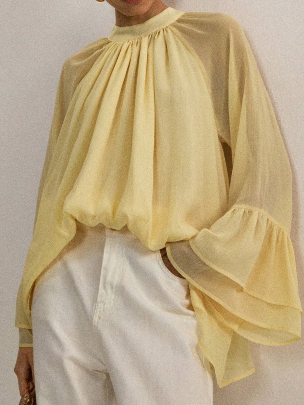 Yellow Polka Dot Women's Elegant Blouse with Ruffled Lace Sleeves